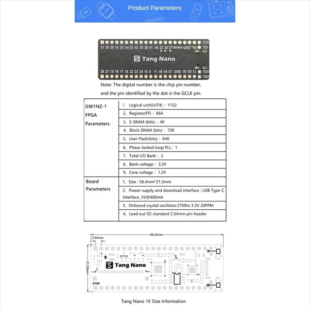 Placa de Desarrollo FPGA Minimalista Tang Nano de 2 Pieza Placa de Pruebas de InsercióN Recta Placa de Desarrollo Tang Nano 1K