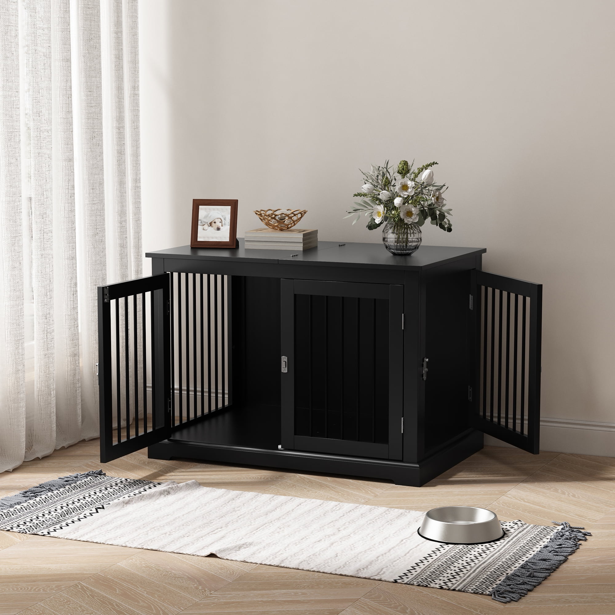 Furniture Style Dog Crate with Cushion, Dog Kennel Medium, Pet Crates, Dog Cage for Small and Medium Dogs, Decorative Dog Kennel with Flip-top Plate, Chew-Proof Metal Bars, Black