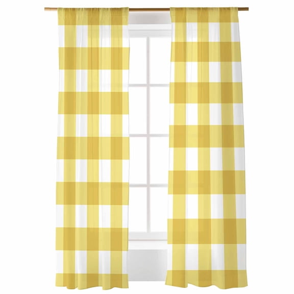 Sheer Curtains 96 inches Long, Yellow Plaid Yellow Gradient Line Geometric Light Filtering Sheer Window Curtains Rod Pocket Voile Drapes for Bedroom Living Room, 52"W x 96"L 2 Panels