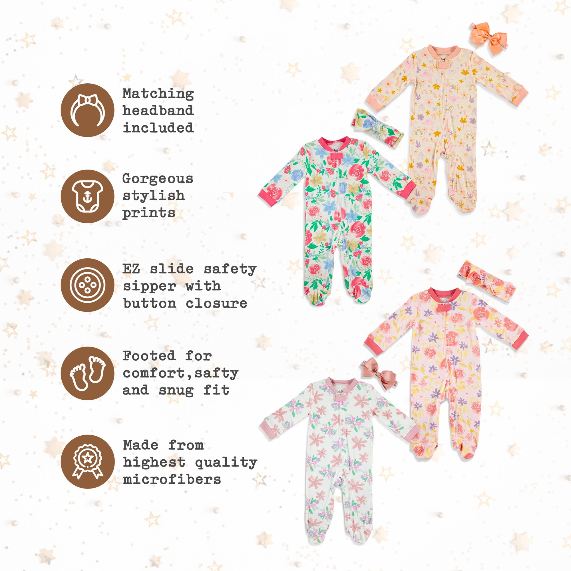 Chick Pea Baby Girl 2-Piece Footed Coverall Set Matching Headband Floral Pajamas, Sizes Newborn-9 Months