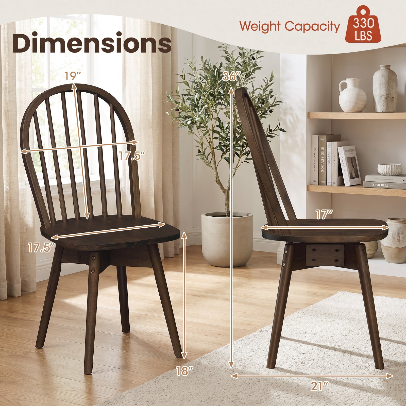 Furnibear Swivel Windsor Dining Chairs Set of 2 with Solid Rubber Wood Frame for Kitchen Dining Room Living Room Home, Walnut