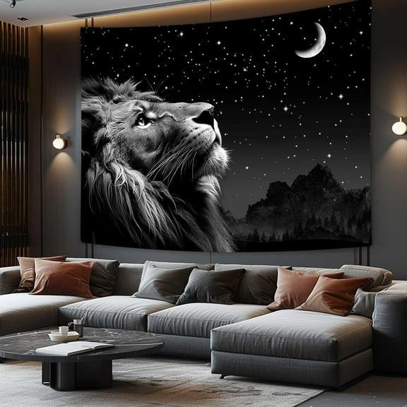 Cool Lion Tapestry, Space Stars Moon Tapestry For Men, Aesthetic Black Tapestry Wall Hanging for Bedroom Living Room Collage Dorm Room Decor, 60X40IN