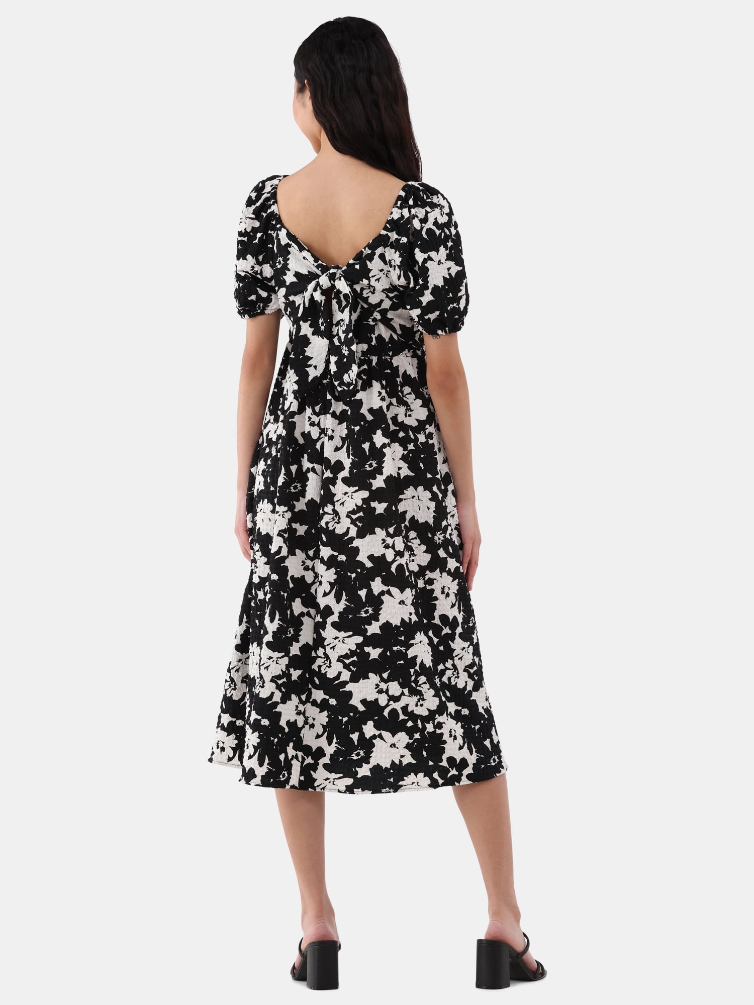 Time and Tru Women's and Women's Plus Cotton Back Tie Midi Dress with Short Puff Sleeves, Sizes XS-4X