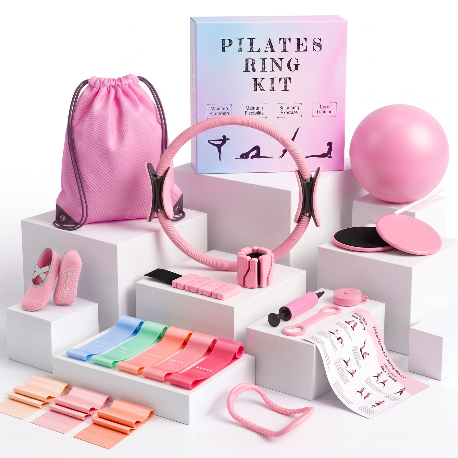 Pilates Kit for Women, 22 PCS Pilates Kit for Home Workouts with Pilates Ring, Yoga Ball, Resistance Bands, Ankle Weights & Sliders, Complete Pilates Equipment Set for Full Body Yoga Workout