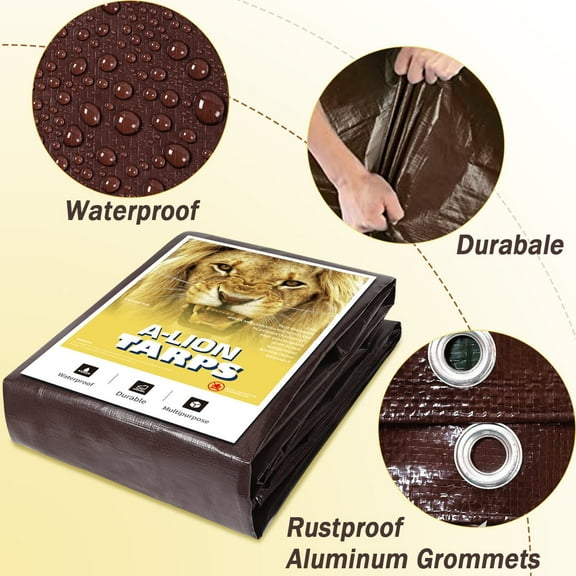 50x50Ft,Tarps Heavy Duty Waterproof, 10Mil Poly Tarps, Brown Multipurpose Tarpaulin with Metal Grommets, Edge Reinforcement Tear Resistant, UV Resistant, Camping, Outdoor Coverings