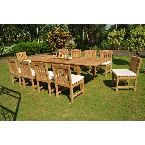 Grade-A Teak Dining Set: 10 Seater 11 Pc: 122" Atnas Double Extension Rectangle Table And 10 Devon Armless Chairs Outdoor WholesaleTeak #WMDSDV24