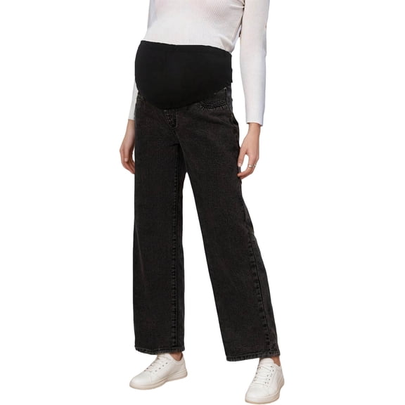 Maternity Jeans for Women Stretch Denim Pants Comfortable Belly Support Wide Leg Trousers Casual Outfit Black L