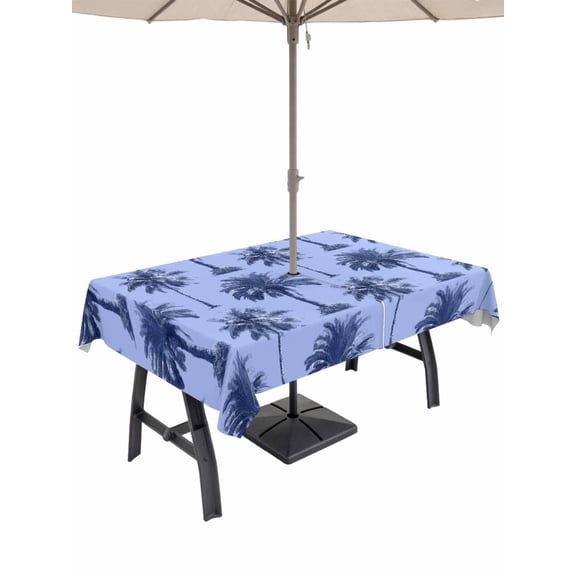 Outdoor Tablecloths with Umbrella Hole & Zipper, Palm Trees 60 x102 Inch Rectangle Tablecloths, Summer Vintage Tropical Trees Botanical Blue Waterproof Table Cloth, Patio/Pool/Picnic Table Covers