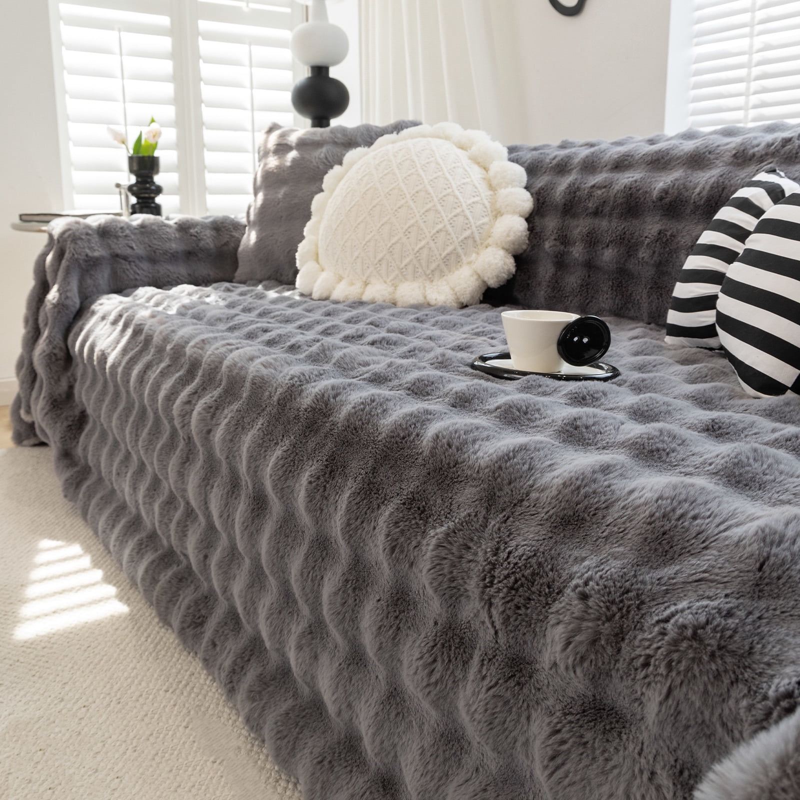 WOOW DEPOT Warm Faux Rabbit Fur Sofa Cover Machine Washable, Thick Throw Blanket L Shape Slipcover for 3 Cushion Couch, Dark Gray 71"x134"