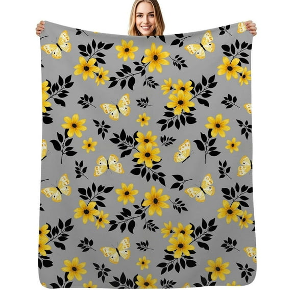 Yellow Floral Butterfly Print Flannel Blanket Warm Soft Bedding Throws Winter Camping Chair Sofa Bed