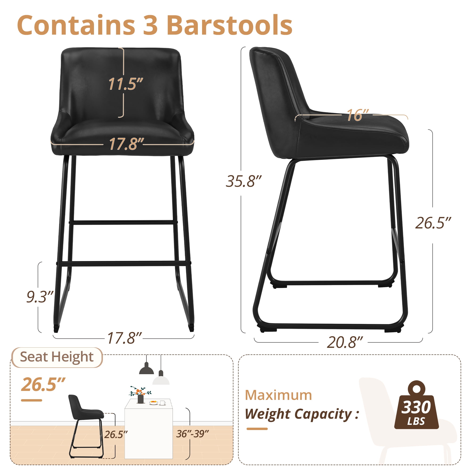 Dycanpo 26" Counter Height Bar Stools Set of 3, Faux Leather 2.5" Cushion, Black