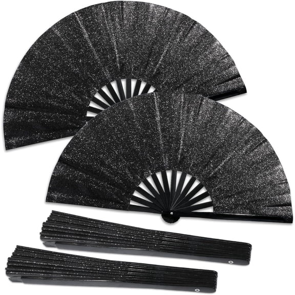 2pcs Glitter Large Rave Fan Black Folding Hand Fan Rave Clack Handheld Fans Fabric Decorative Foldable Chinese Tai Chi Kung Fu Fans for Club Party Dance Performance for Men Women