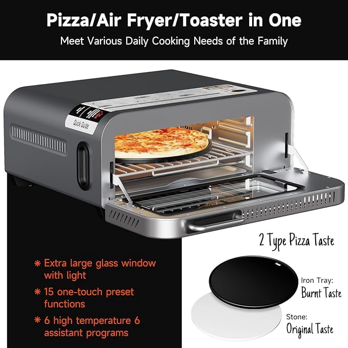 Air Fryer Toaster Oven Combo, 15-IN-1 Digital Stainless Steel Airfryer,18L Pizza Oven for 12' pizza / 9 slices, Flip Away Oven, 7 Accessories, 800°F, 3 Layer Glass Anti-scalding,1800W