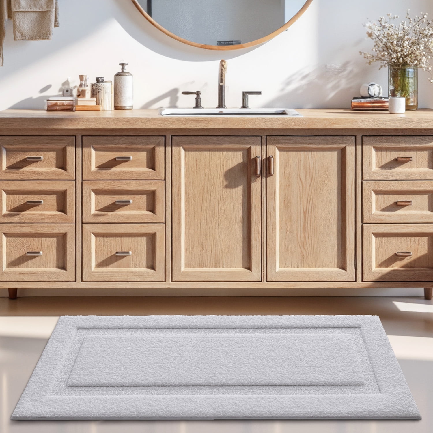 FRABE Non Slip Bathroom Rug with Rubber Backing, Ultra Absorbent Quick Dry Microfiber Bath Mat, Machine Washable, White, 24"x60"