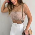 thumbnail image 4 of CoCopeaunt Women's Rhinestone Top See Through Pearl Top Sexy Pearl Mesh Top Short Sleeve Blouses Rhinestone Mesh Top, 4 of 7