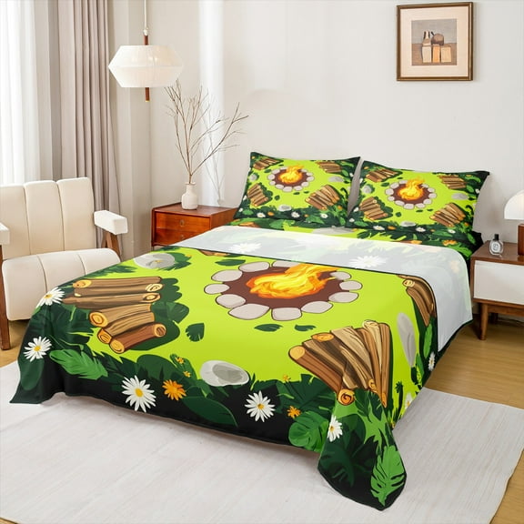 Manfei Jungle Adventure Child Queen Sheet Sets, Happy Camping Flat Sheet, Rustic Farmhouse Queen Fitted Sheet, Super Cozy Room Decor, 4pcs