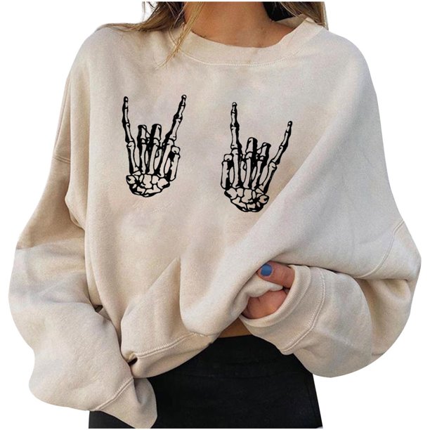 Sudadera informal con estampado sólido de manga larga con cuello redondo para mujer a la moda de Halloween Fridja fksj1461