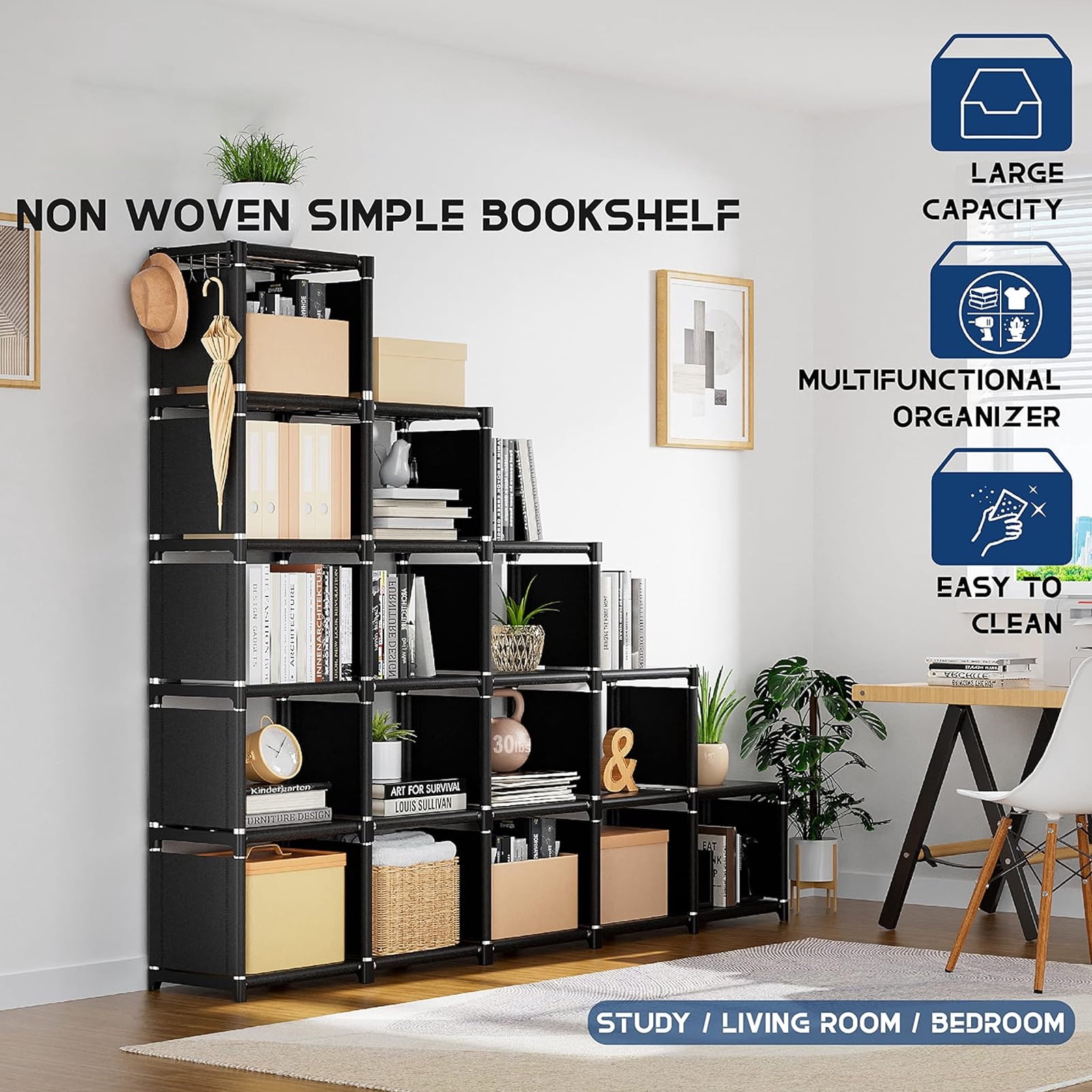 16 Cubes Ladder Bookcase Storage Rack, Bookshelf Bookcase Clothes Toys Storage Organizer Adjustable Standing Shelving Rack for Office Home Bedroom, Black