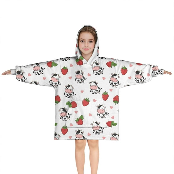 White Cow Strawberry Heart Pattern Blanket Hoodies for Kids 6-13YR Oversize Wearable Blanket Hoodies for Boys Girls Teens