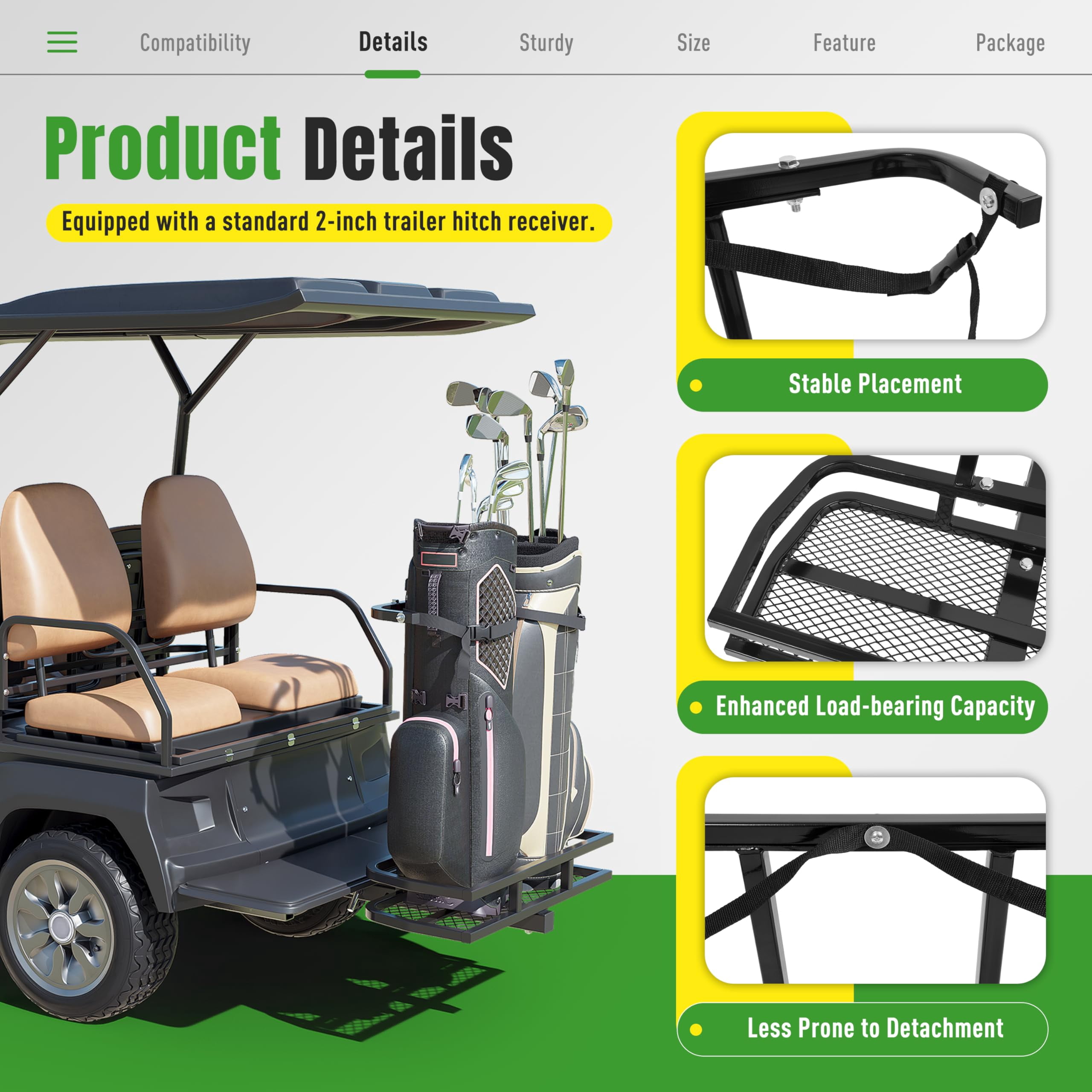 KOJEM Golf Bag Holder Compatible with Club Car/EZGO/Yamaha with 2" Receiver Golf Cart Rear Seat Bag Holder Rack Steel Powder Coated Black