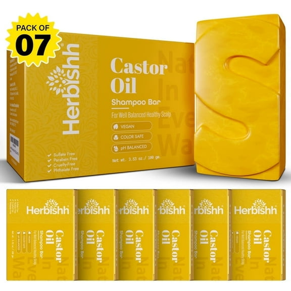 Herbishh Castor Oil Shampoo Bar, Pack of 7, 3.53 oz Each, Nourishing, Solid Shampoo with Natural Ingredients, for Thinning Hair, Moisturized Scalp, for Women and Men