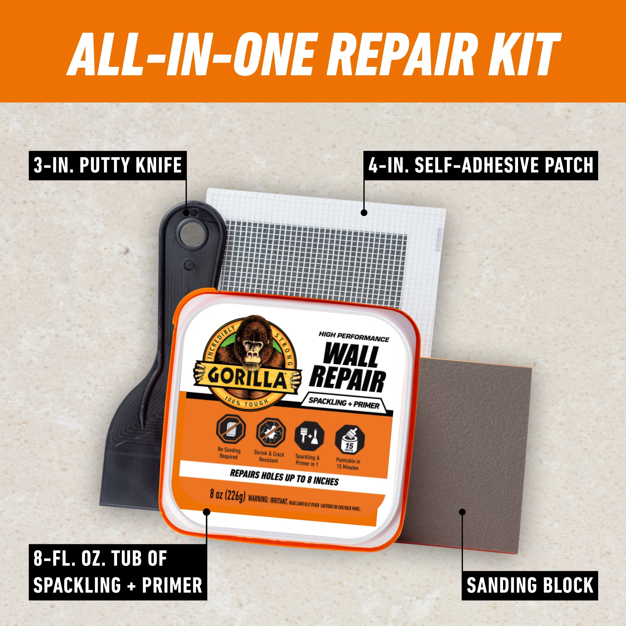 Gorilla Glue Wall Repair Kit. 4oz Spackling & Patch, 3" Putty Knife and 220 Grit Sanding Block Color