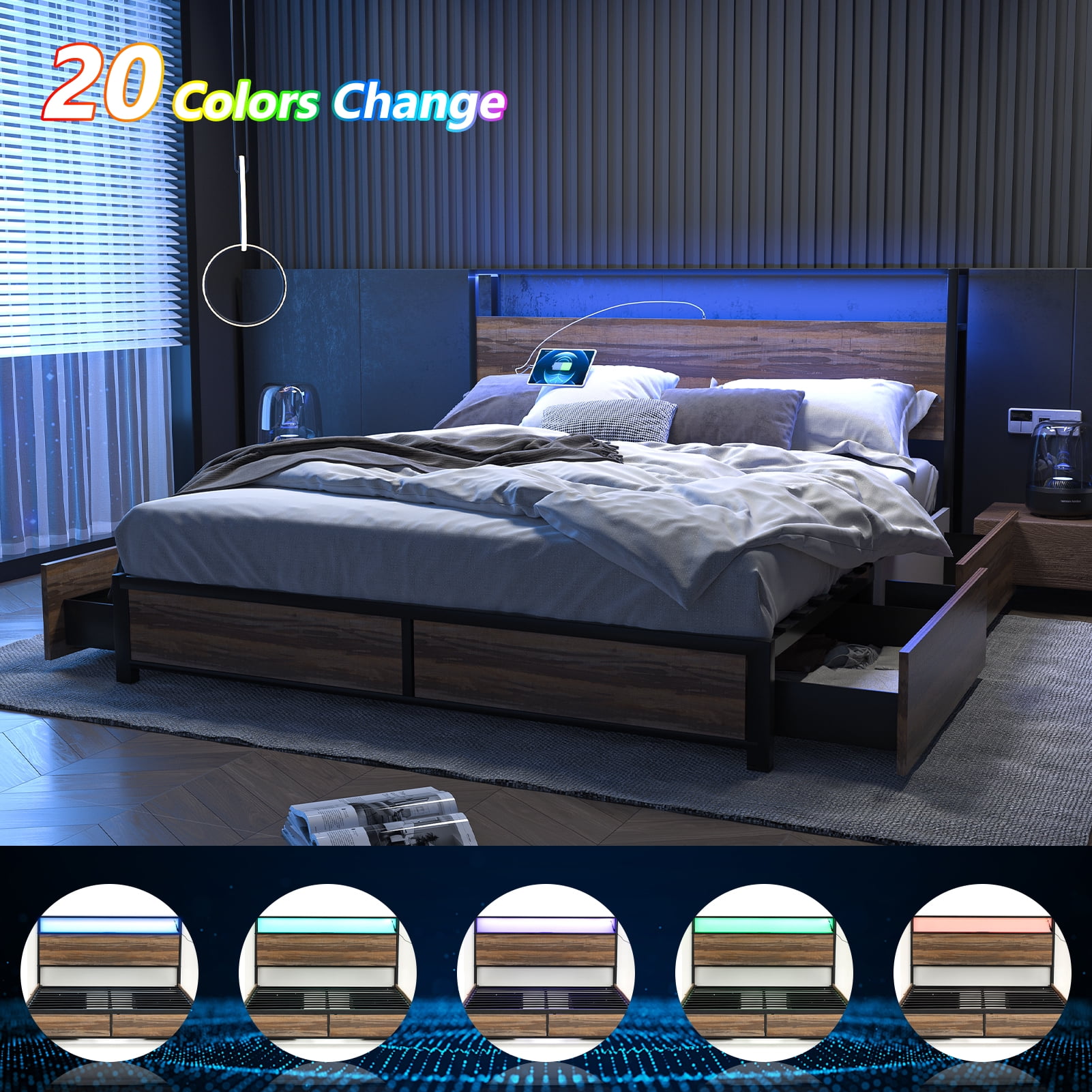 LED Bed Frame Queen Size with 2 USB Ports and Outlets, Platform Metal Bed Frame with 4 Storage Drawers and Headboard, No Box Spring Needed, Noise-Free(Vintage Brown-Queen)