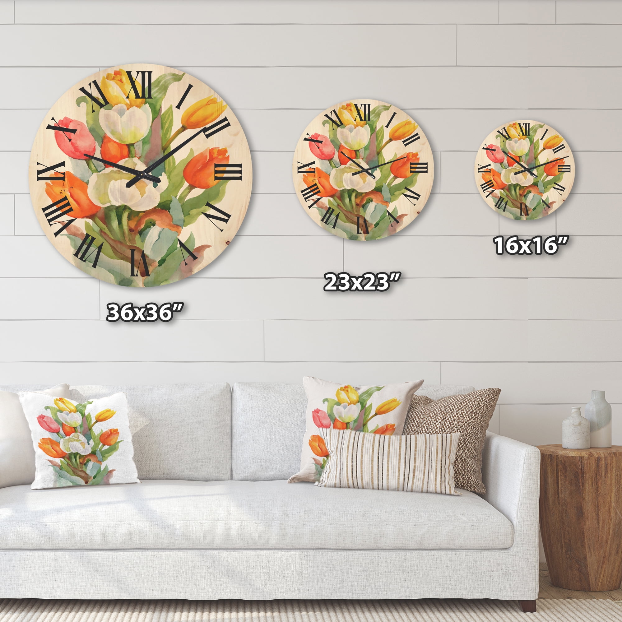 Designart 'Blooming Orange and White Tulips Flower' Traditional Wood Wall Clock
