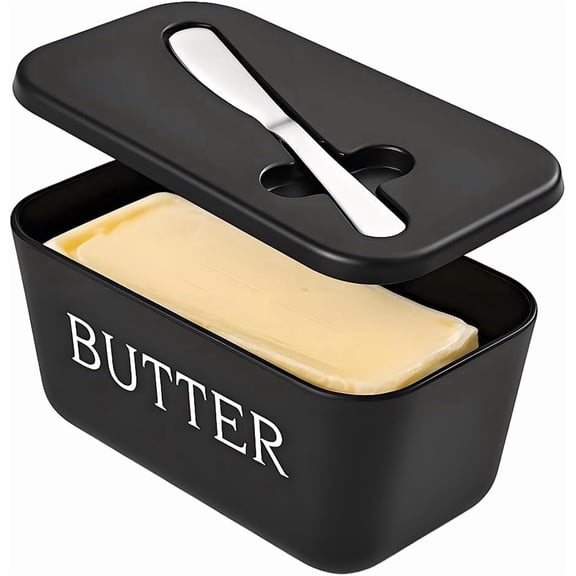 Januofit Large Plastic Butter Dish With Lid And Knife,Food Grade PP Butter Holder Keeper With Cover For Kitchen Refrigerator Black Butter Container