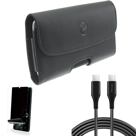 Privacy Screen Protector w 6ft Long USB-C Cable w Case Belt Clip for Samsung Galaxy S20 Ultra - TPU Film [NOT GLASS] [Fingerprint Works], PD Fast Charger Cord Power Wire, Leather fits Galaxy S20 Ultra