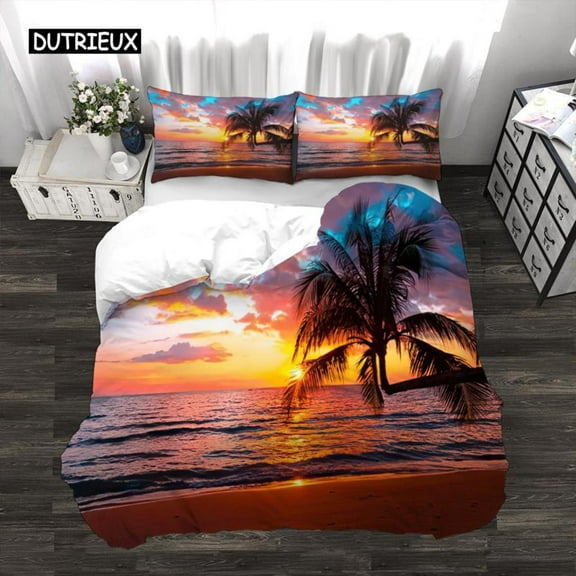 Palm Leaves Duvet Cover Set Full Size Hawaiian Tropical Palm Tree Nature Scene Comforter Cover Sunse