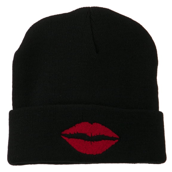 Lip Kiss Embroidered Cuff Long Beanie - Black OSFM