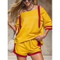 thumbnail image 5 of Women Color Block Off Shoulder Short Sleeve Top and Drawstring Shorts 2 Piece Outfit Set Yellow XXL, 5 of 9