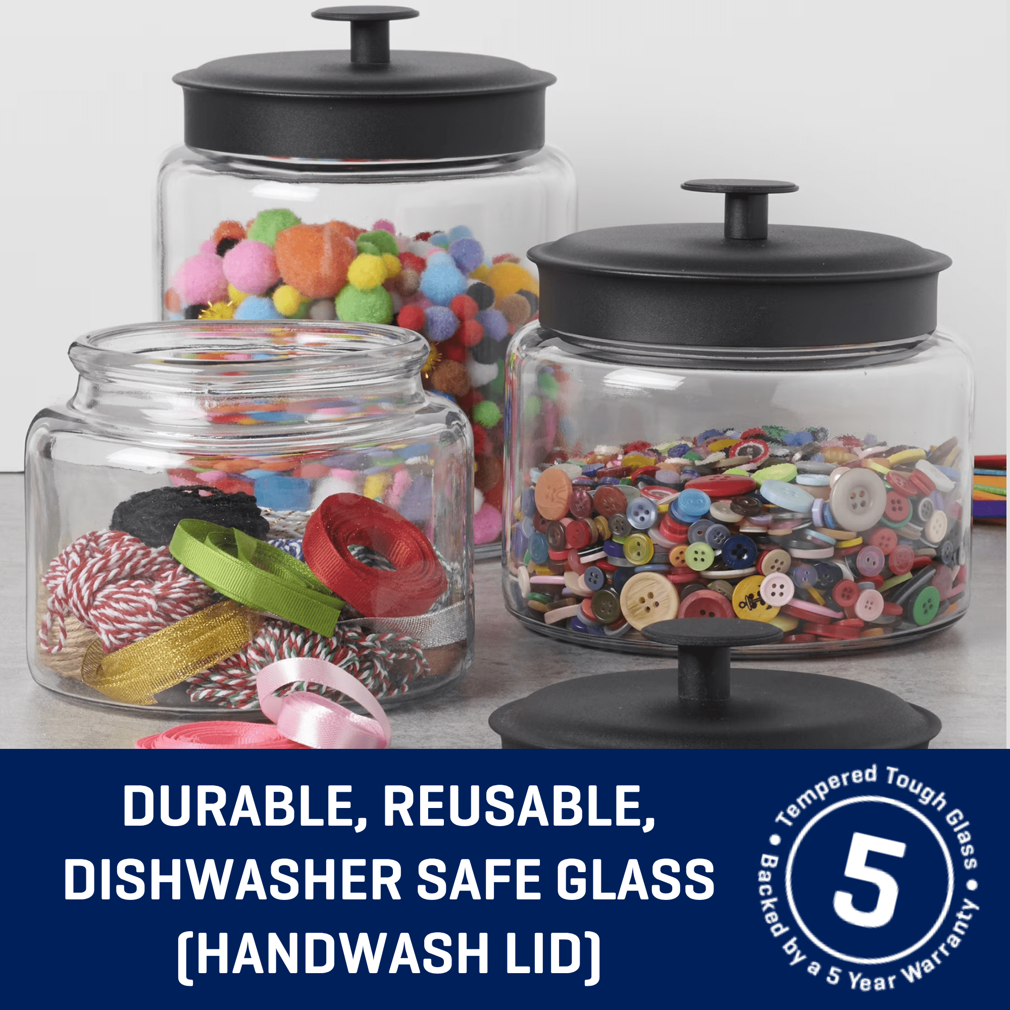 Anchor Hocking Glass Jars with Black Metal Lids, 3 Piece Set