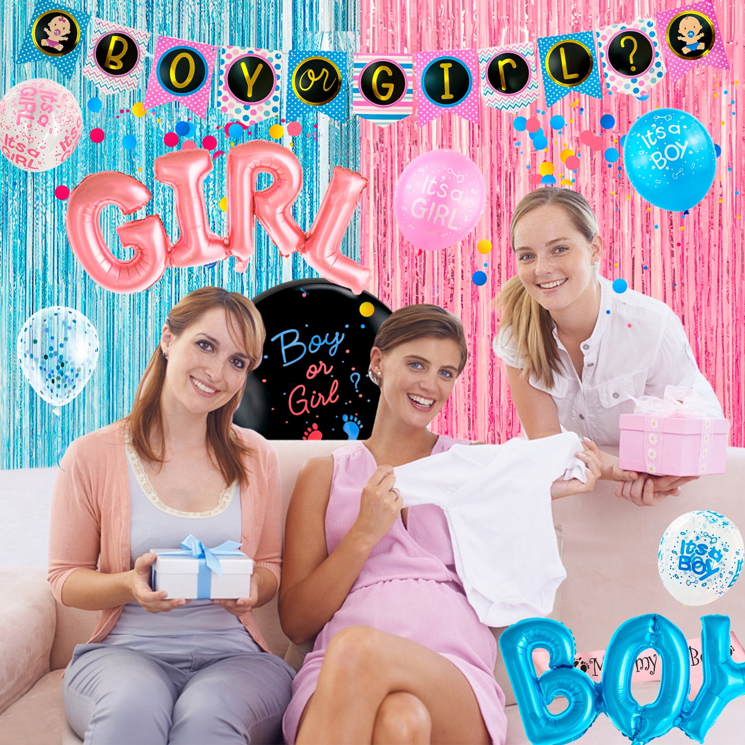 118PCS Baby Gender Reveal Party Supplies Gender Reveal Balloons Boy or Girl Banner, Mommy To Be Sash Baby Gender Reveal DecorationsDecorations Balloons Tablecloth Pennant Cutlery Set & Cupcake Topper