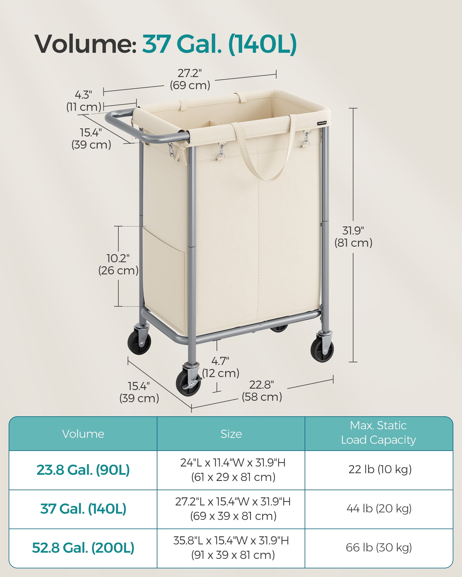 2-Section Rolling Laundry Basket Storage with Wheels, 37 Gallons Laundry Hamper, Removable Liner, Steel Frame with Handle, 27.2 x 15.4 x 31.9 Inches
