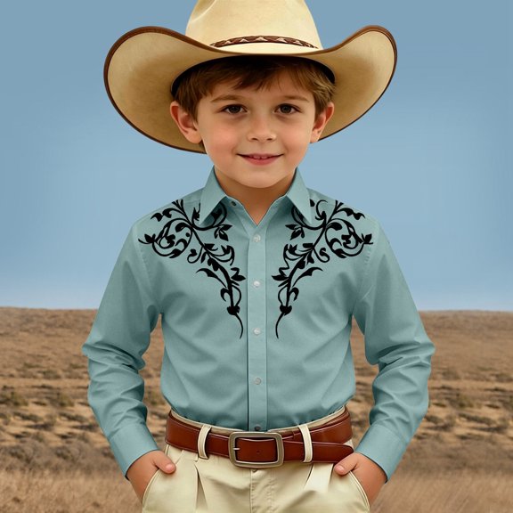 FYDUU Boy's Western Cowboy Shirt Printed Long Sleeve Shirts Vintage Casual Button Down Dress Shirts For Kids Regular Fit Blouses Festival Tops 10-11 Years