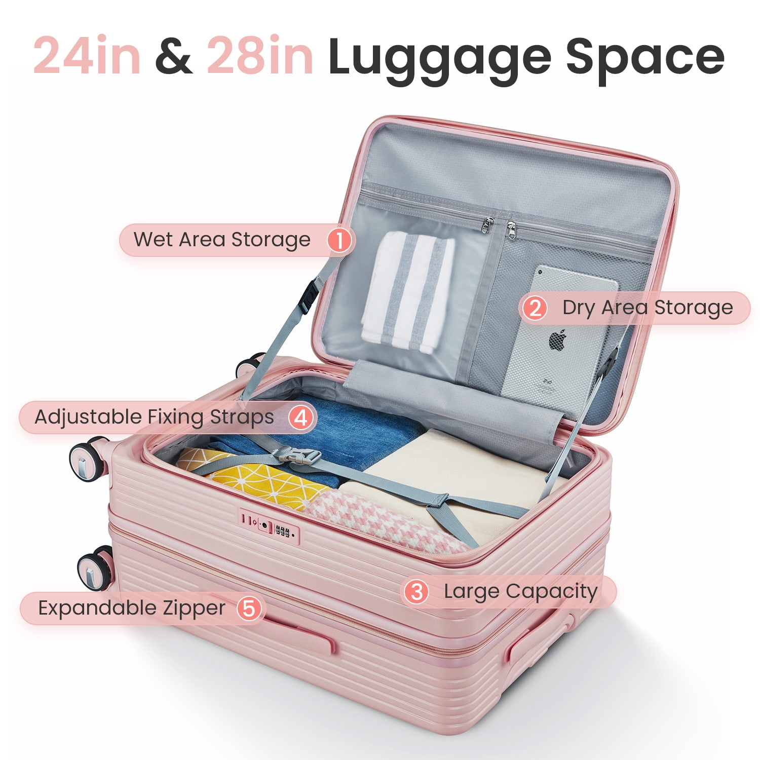 3 Piece Luggage Set Lightweight Suitcase with TSA Lock, PC Hard Shell Travel Luggage with Front Pocket and Spinner Wheels, Pink (20in24in28in)