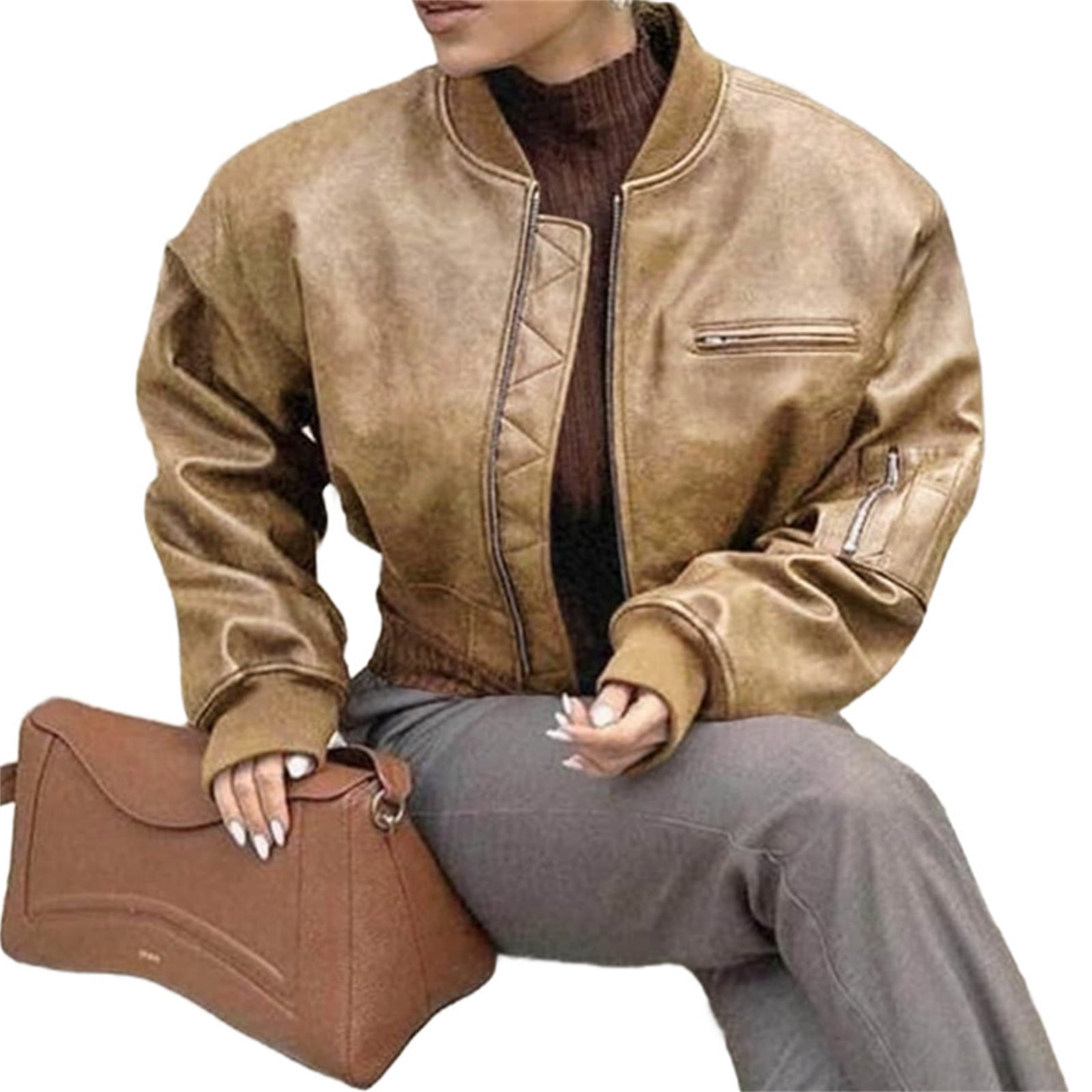 Womens Faux Leather Bomber Jackets Baseball Collar Zip Up Cropped Biker Coat with Pockets
