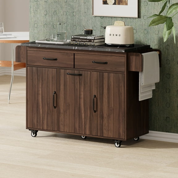 Glavbiku Kitchen Island with Trash Can Storage Cabinet,Kitchen Cart with Drop Leaf,Spice Rack,Walnut