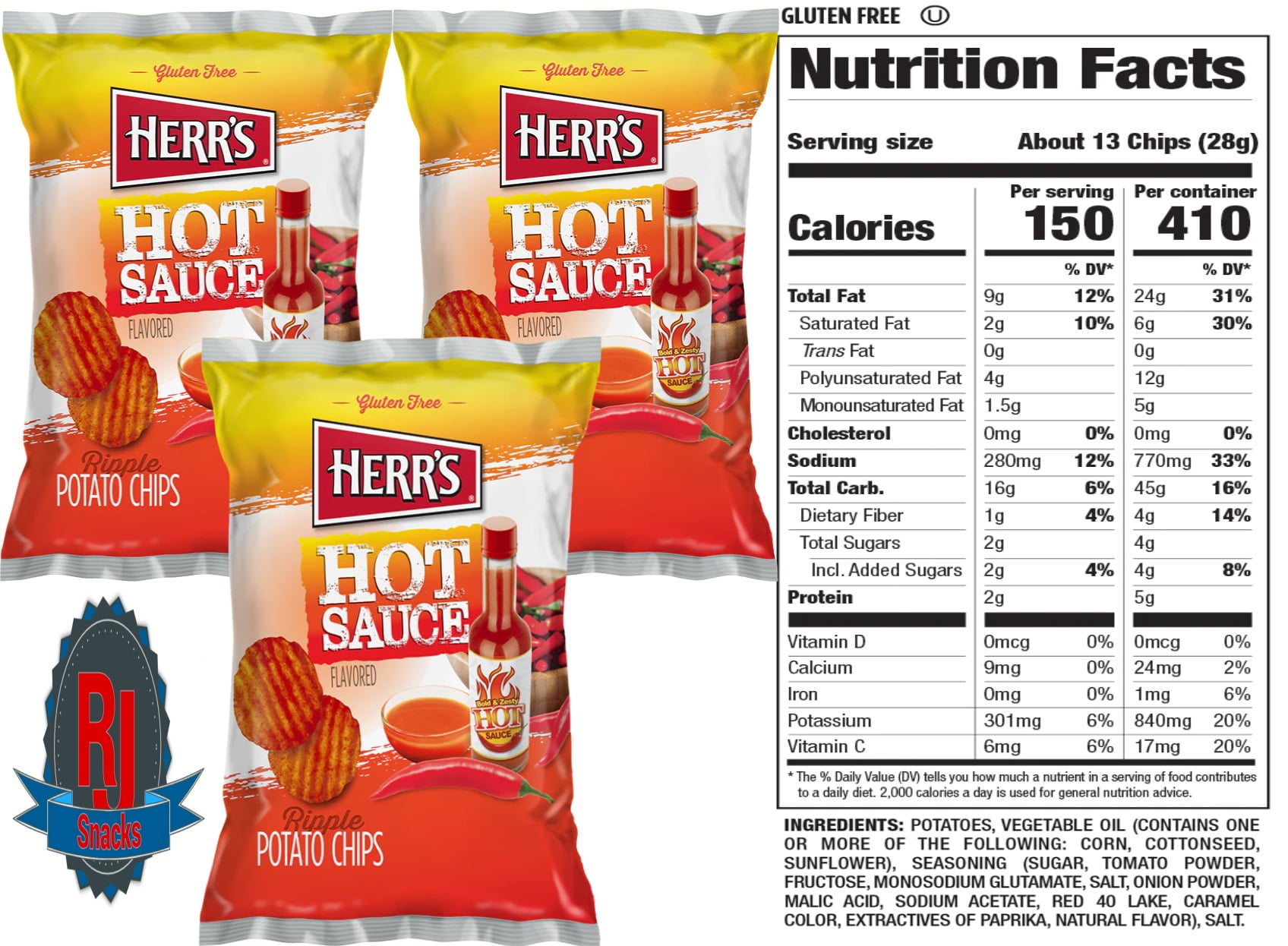 Herr`s Hot Sauce Potato Chips 1 oz Pack of 24 (Curated by RJ Snacks)