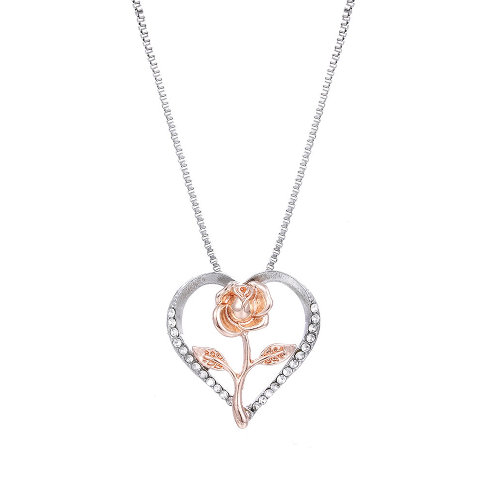 Meidiya Heart Rose Necklaces Rose Necklace for Women,Rose Gold Flower Silver Heart Pendant
