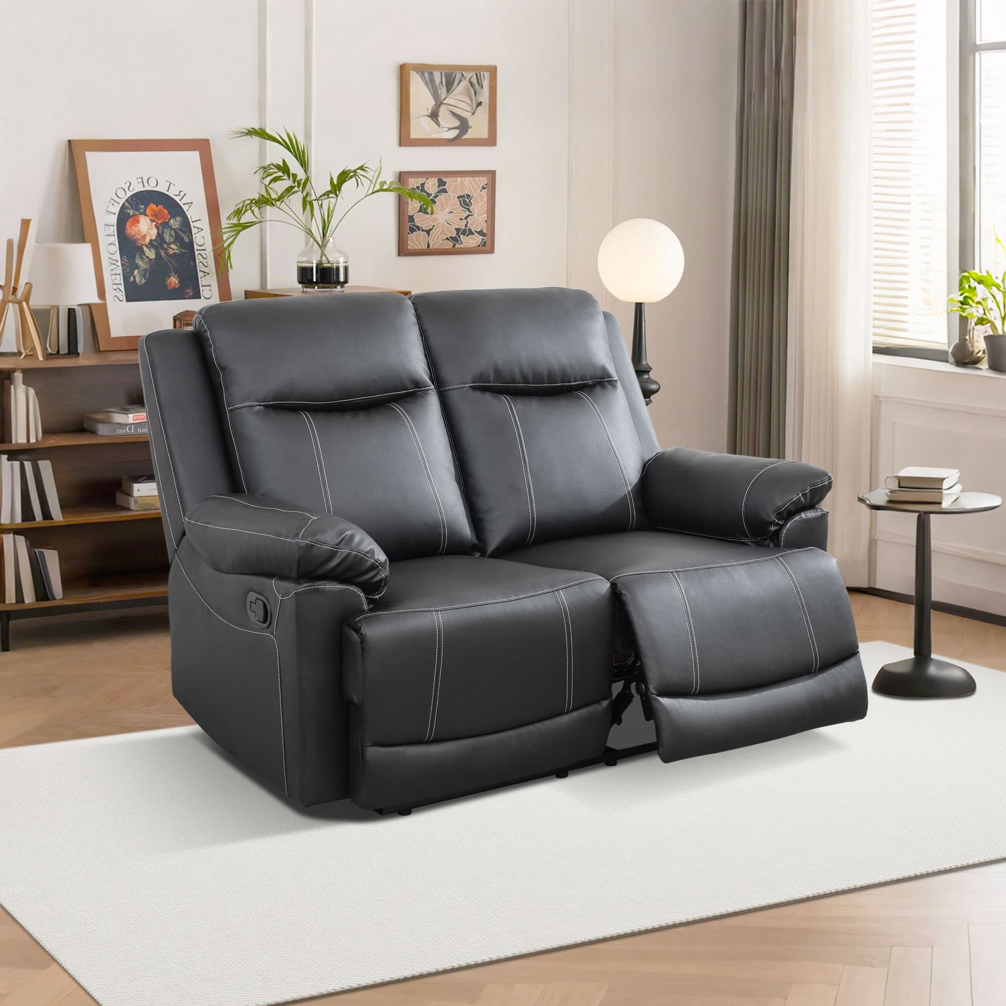 MAYEERTY Reclining Loveseat, 2-Seat Breathable Semi-PU Leather Recliner with Adjustable Backrests for Living Room, Black