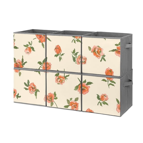 Collapsible Oxford Fabric Storage Cubes with Handles, Large Mid Foldable Oxford Cloth Bins Set of 2/6, Closet Organizers for Shelves Clothes Home Kitchen Toy - Rose Illustration
