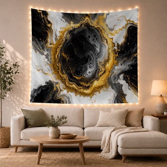 Abstract Fluid Marble Art on Black, White and Gold Swirls, Majestic Psychedelic for Art Lovers, Luxurious Modern Wall Decor, Housewarming Gift, Tapestry Wall Hanging for Living Room and Bedroom
