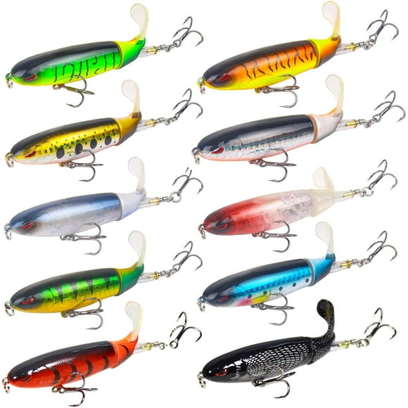 10Pcs Fishing Lure for Bass Popper Top Water Fishing Lures with Floating Rotating Tail Barb Treble Hooks in Saltwater Freshwater Plopping Lures Kit