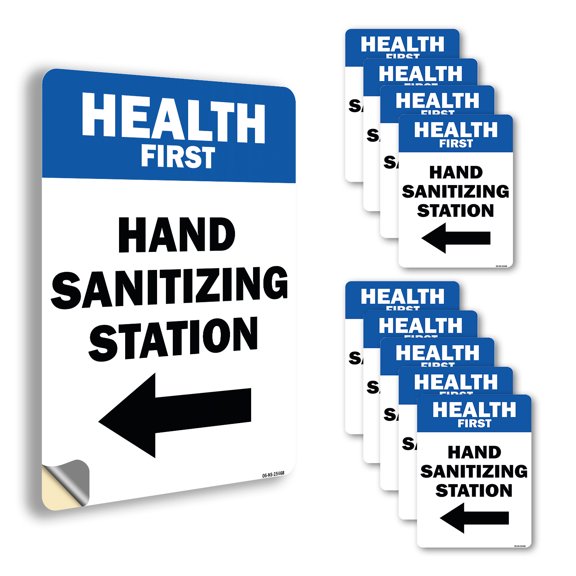 Health First Hand Sanitizing Station Left Arrow Public Safety Vinyl Decal Label 5 Inch x 3.5 Inch - 10 Pack