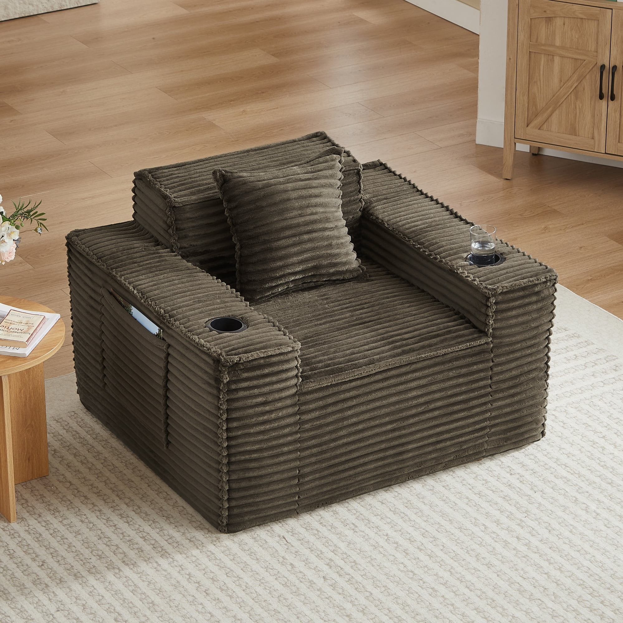 Leumius Single Cloud Sofa,Boneless Couch with Cupholders,Upholstered Corduroy Fabric Modern Armchair with Deep Seats for Living Room Bedroom,Brown