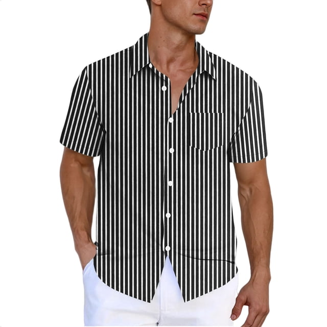 Mens Botón Abajo Camisa de Manga Corta Arrugas Libres Verticales Gira-Abajo Cuello Cardigan Bolsillo, Camisa de Verano Casual