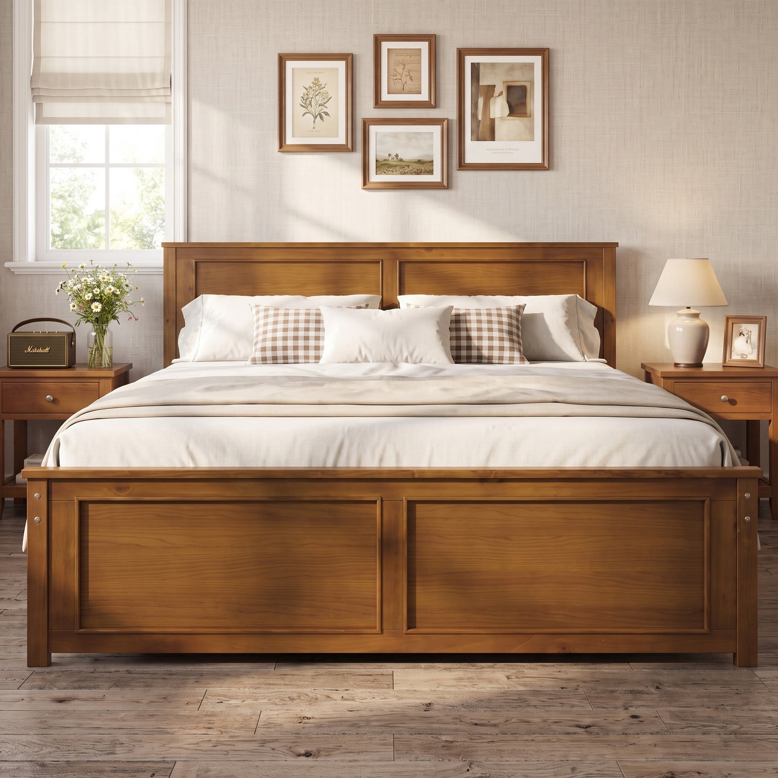 Furnibear Full Size Bed Frame Wood Platform Bed Frame with Raised Panel Headboard and Footboard and Slat Support, Walnut
